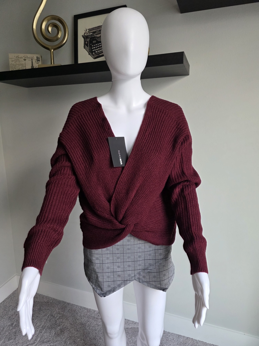 Fashion Nova Burgundy Twist Front V-Neck Sweater